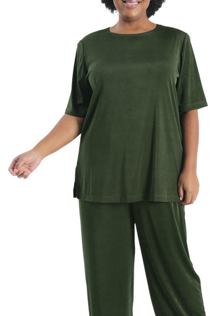 Tops Vikki Vi Silky Classic Olive Short Sleeve Tunic