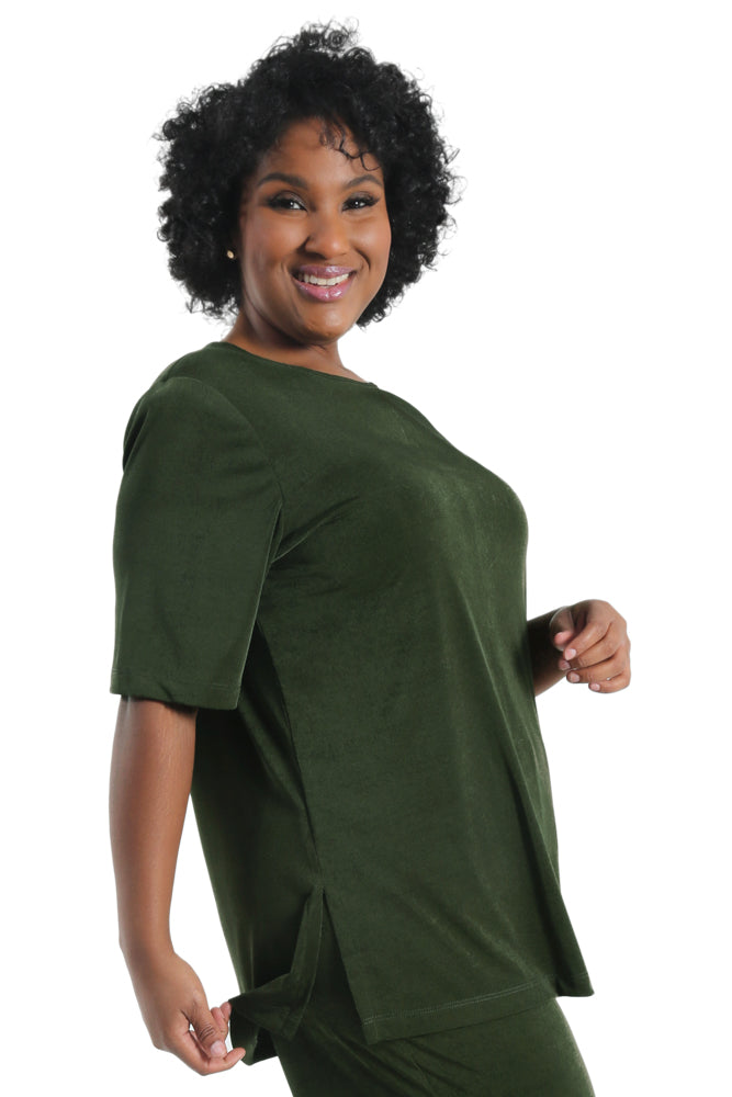 Tops Vikki Vi Silky Classic Olive Short Sleeve Tunic