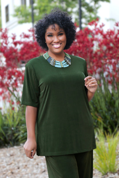 Tops Vikki Vi Silky Classic Olive Short Sleeve Tunic