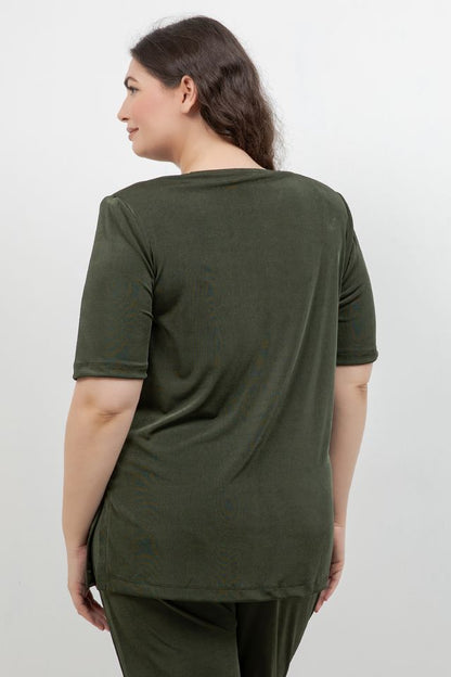 Tops Vikki Vi Silky Classic Olive Short Sleeve Tunic