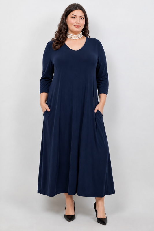 Vikki Vi Jersey Navy V Neck Pocket Dress