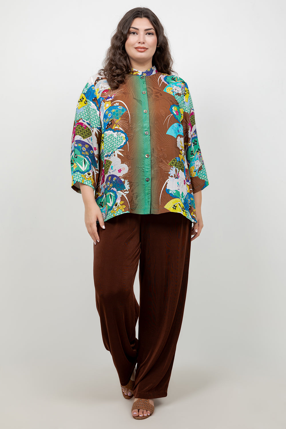 Japanese Inspired Motif Brown Silk Blouse