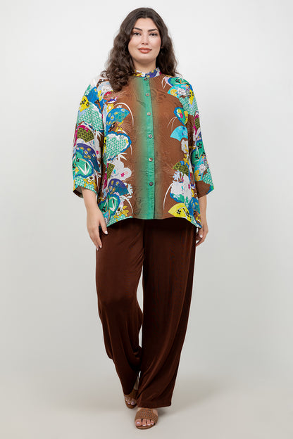 Japanese Inspired Motif Brown Silk Blouse