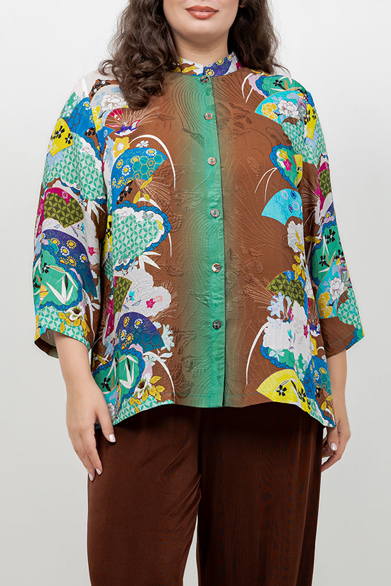 Japanese Inspired Motif Brown Silk Blouse