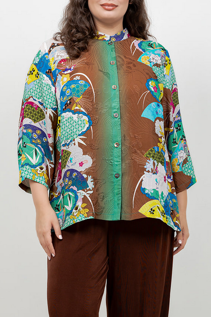 Japanese Inspired Motif Brown Silk Blouse