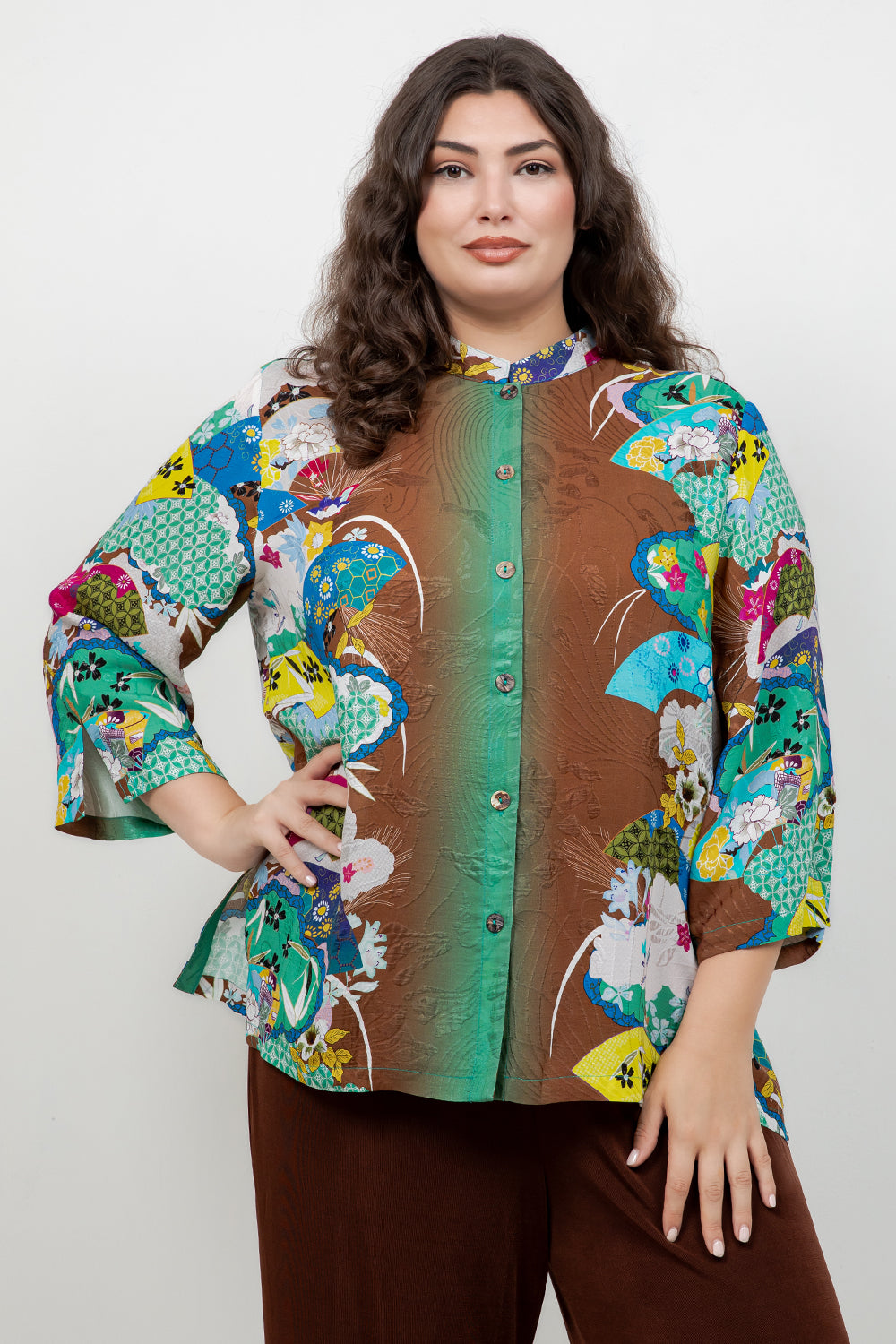 Japanese Inspired Motif Brown Silk Blouse