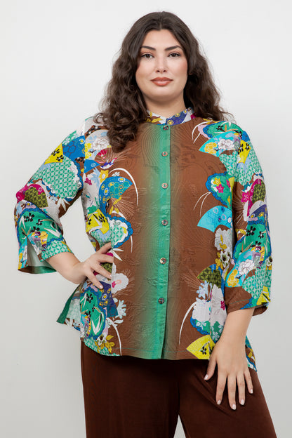 Japanese Inspired Motif Brown Silk Blouse