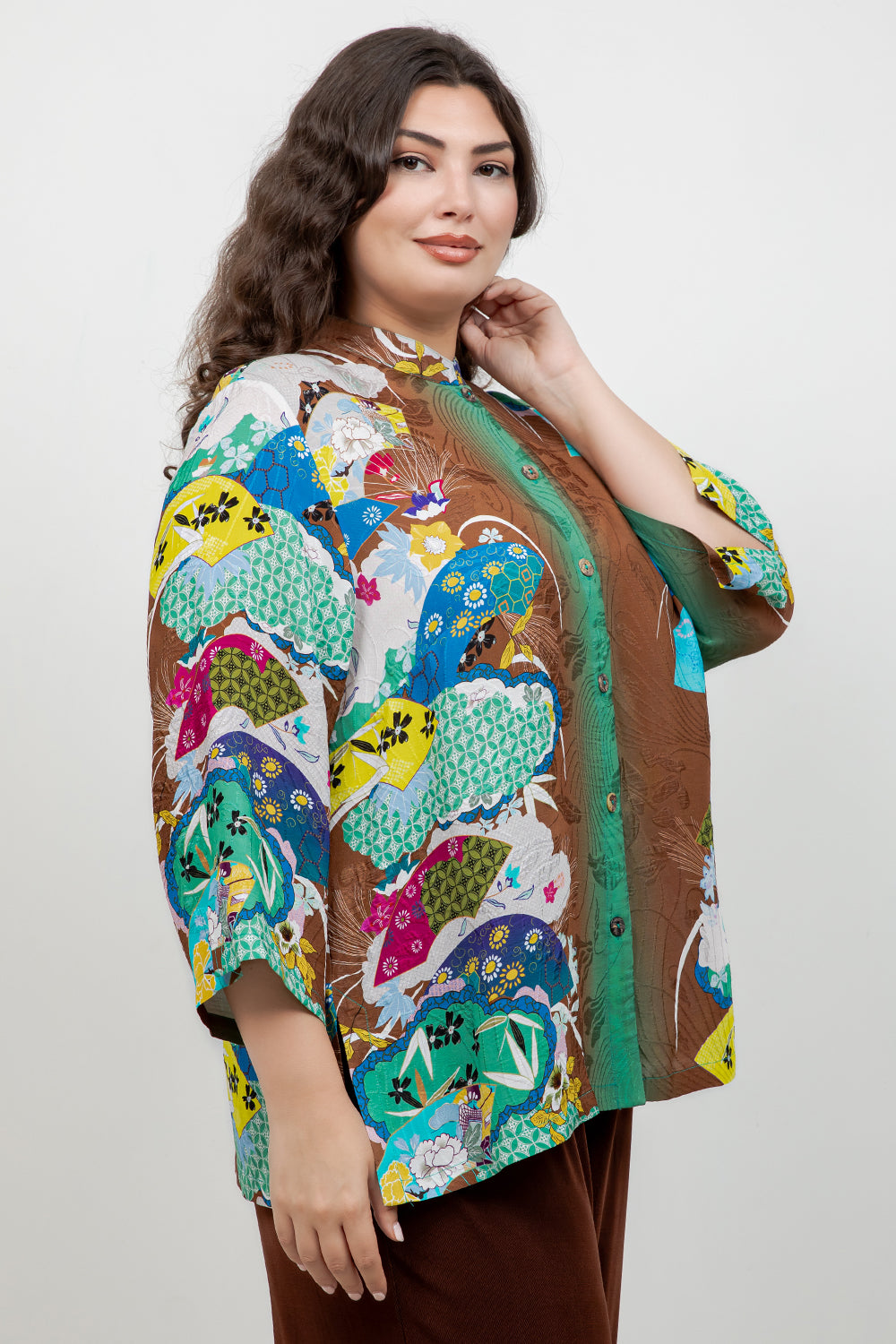 Japanese Inspired Motif Brown Silk Blouse