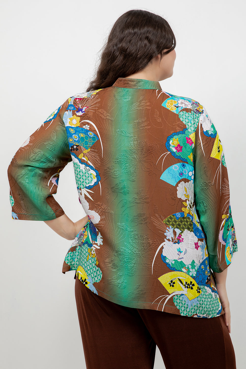 Japanese Inspired Motif Brown Silk Blouse