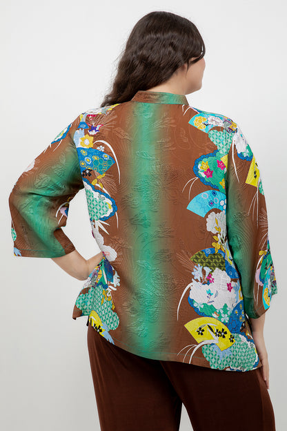 Japanese Inspired Motif Brown Silk Blouse