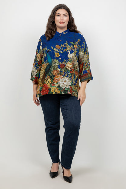 Peacock Garden in Indigo Silk Blouse