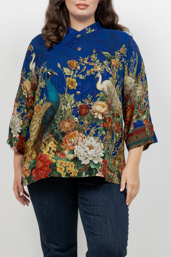 Peacock Garden in Indigo Silk Blouse