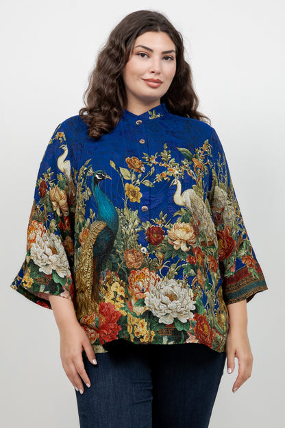 Peacock Garden in Indigo Silk Blouse
