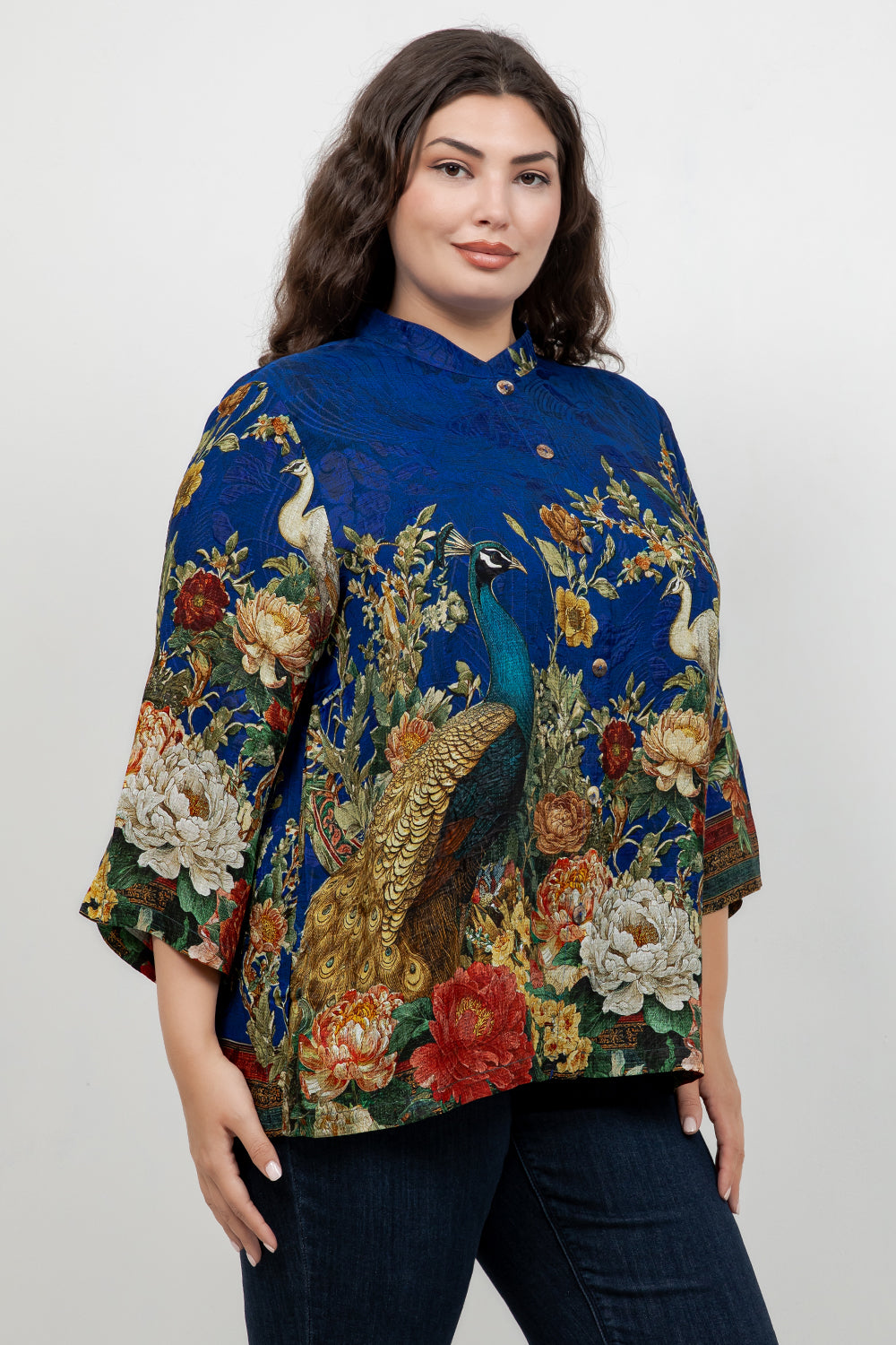 Peacock Garden in Indigo Silk Blouse