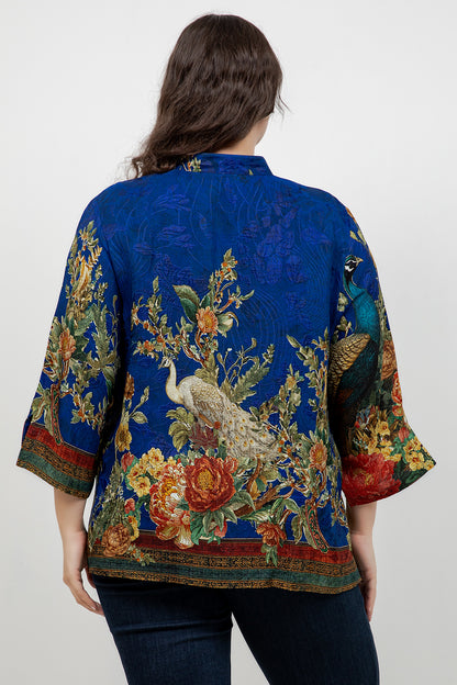 Peacock Garden in Indigo Silk Blouse