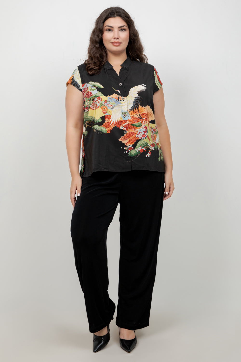 Fans Cranes Pines Silk Blouse