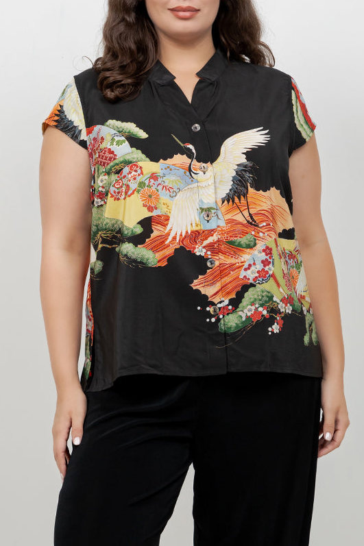 Fans Cranes Pines Silk Blouse