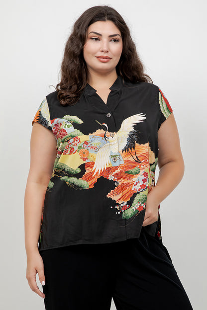 Fans Cranes Pines Silk Blouse