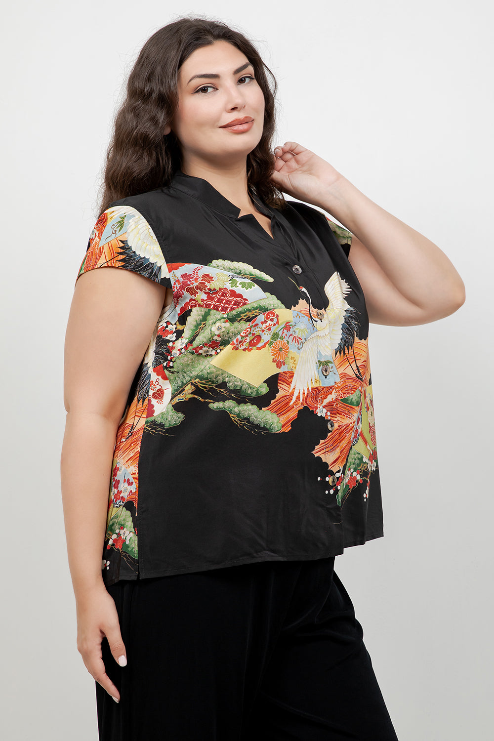 Fans Cranes Pines Silk Blouse