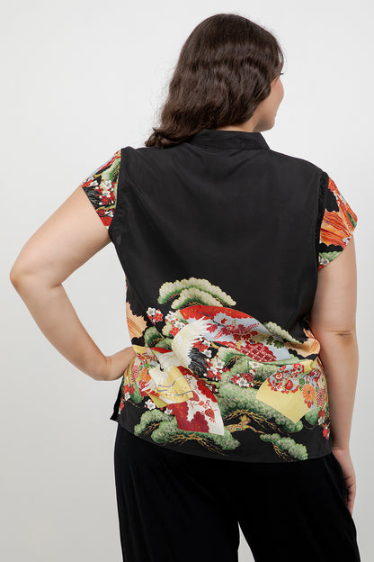 Fans Cranes Pines Silk Blouse