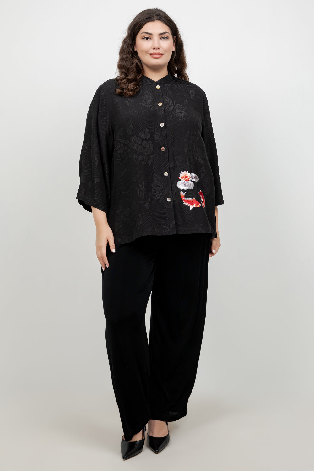 Black Embroidery Koi Goldfish Silk Shirt
