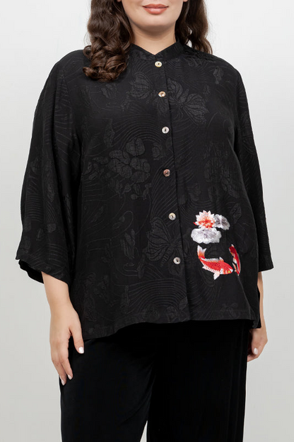 Black Embroidery Koi Goldfish Silk Shirt