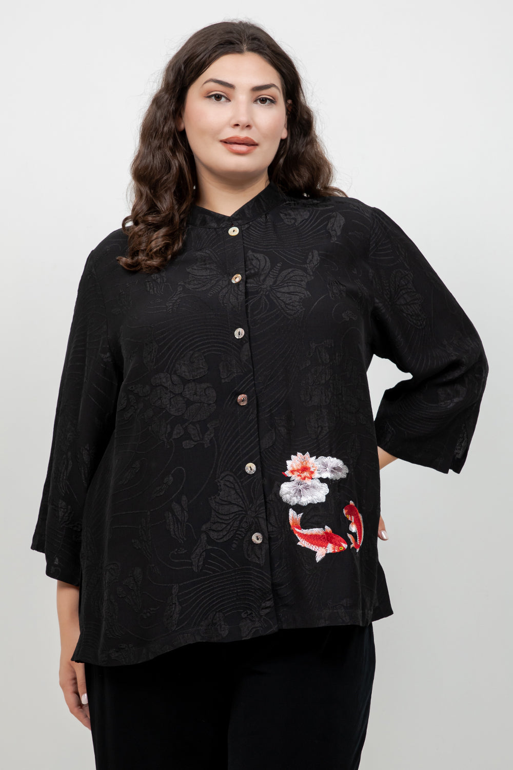 Black Embroidery Koi Goldfish Silk Shirt