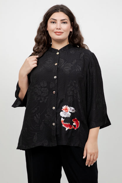 Black Embroidery Koi Goldfish Silk Shirt