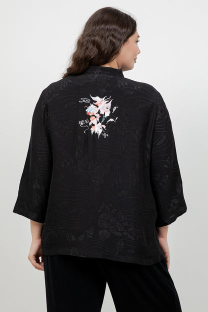 Black Embroidery Koi Goldfish Silk Shirt