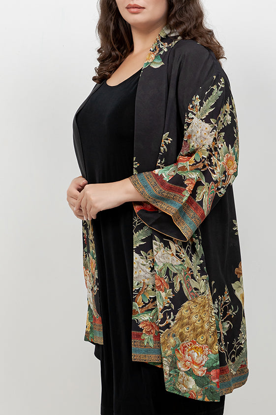 Peacock Garden in Black Kimono Jacket