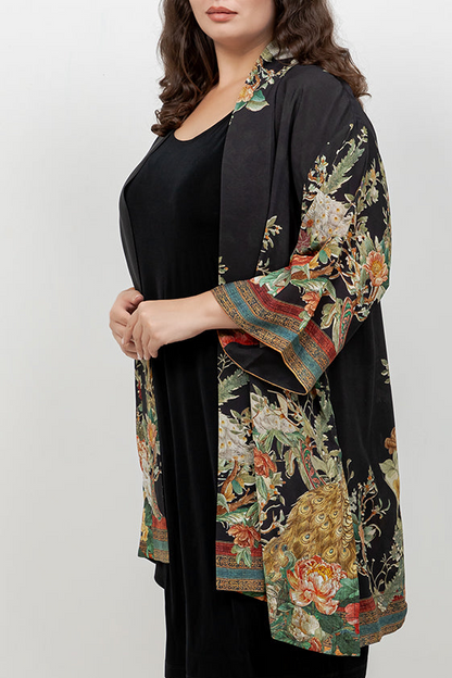 Peacock Garden in Black Kimono Jacket
