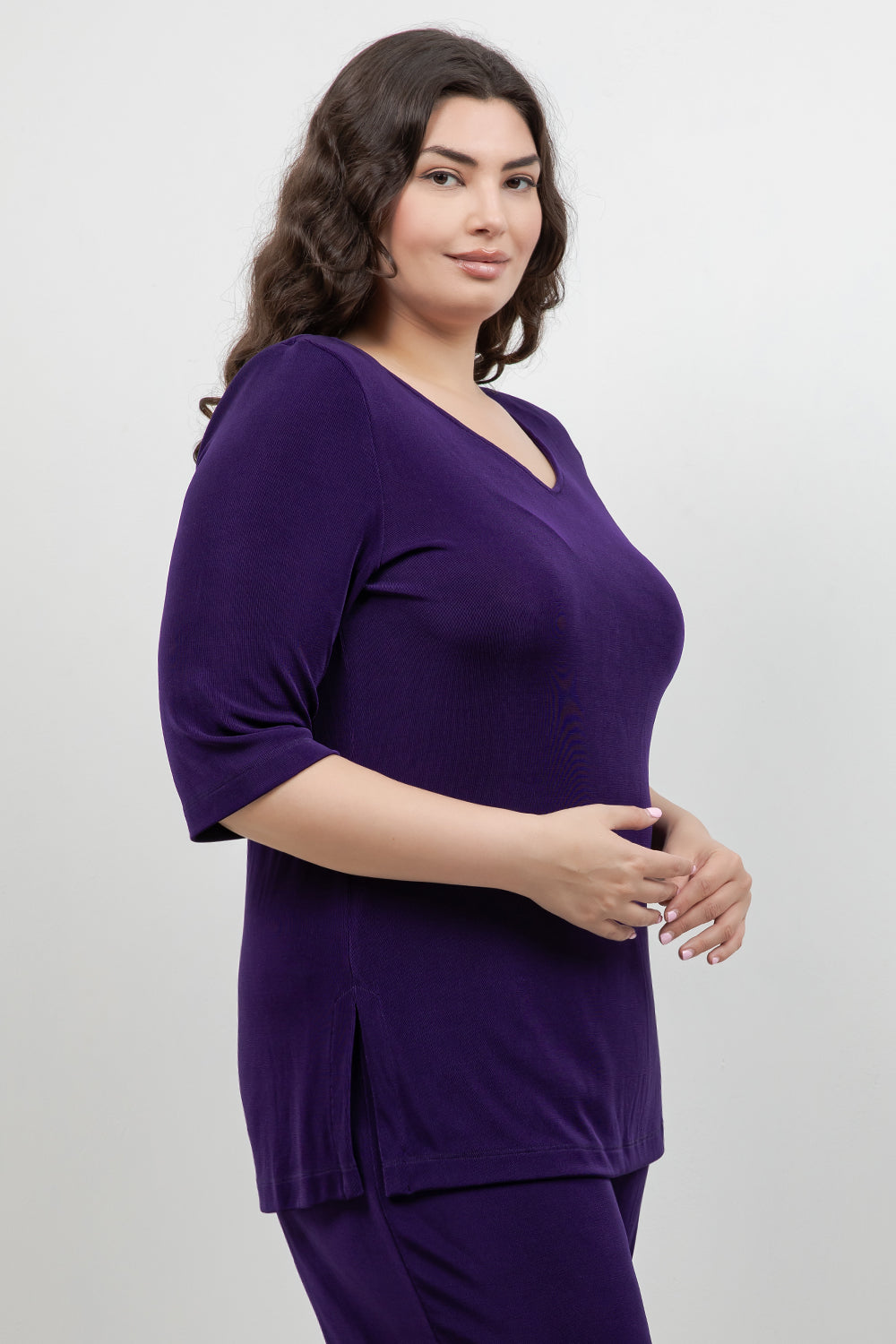 Tops Vikki Vi Classic Royal Purple V-Neck 3/4 Sleeve Tunic