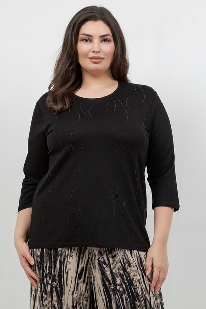 Tops Black Ripple Sparkle 3/4 Sleeve Top