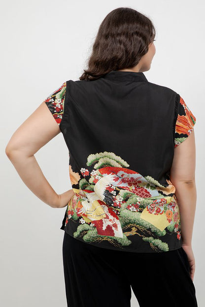 Fans Cranes Pines Silk Cap Sleeve Blouse
