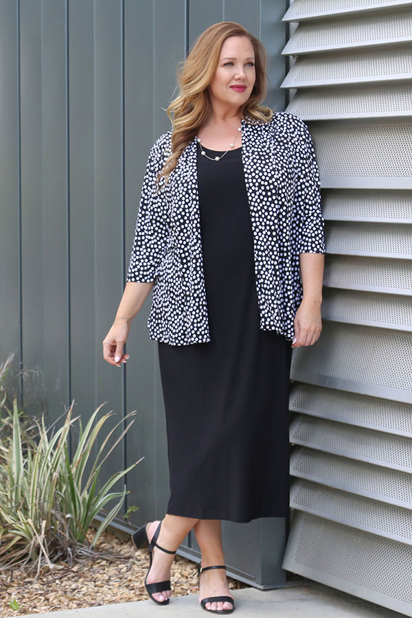 Vikki Vi Jersey Black and Ivory Random Dots 3/4 Sleeve Kimono Jacket