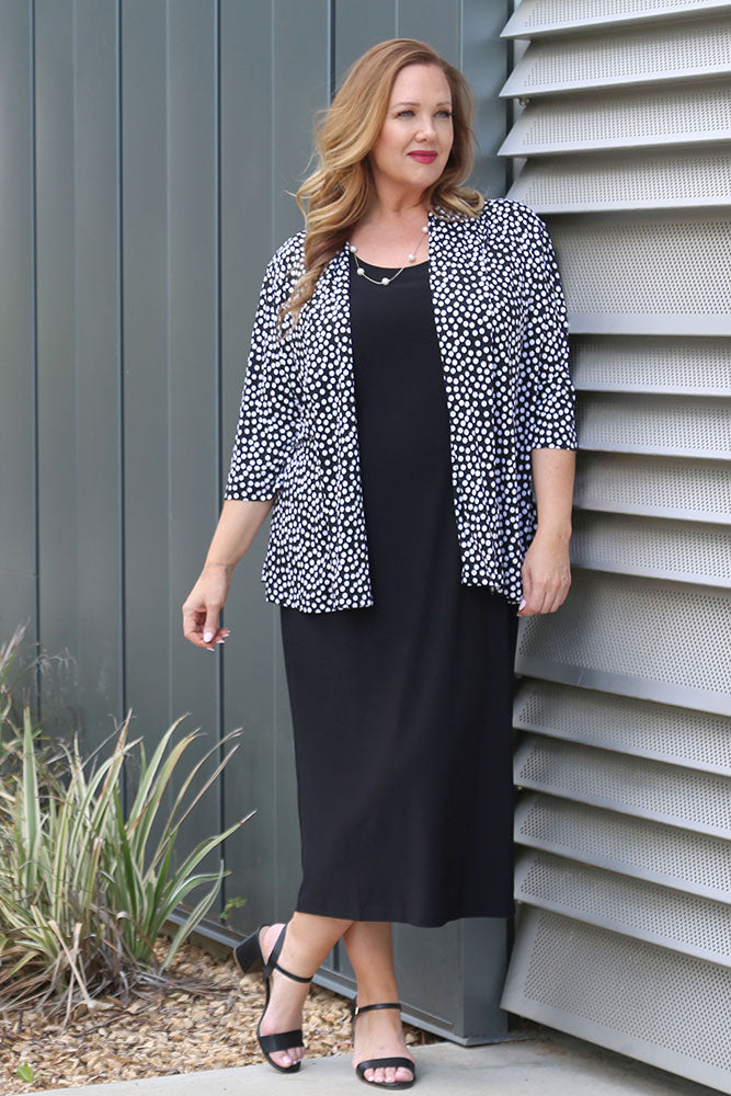 Jackets Vikki Vi Jersey Black and Ivory Random Dots 3/4 Sleeve Kimono Jacket