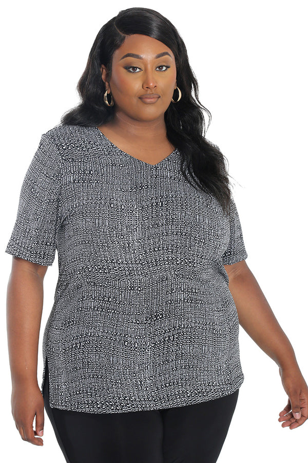 Vikki Vi Jersey Salt &Pepper V-Neck Short Sleeve Tunic