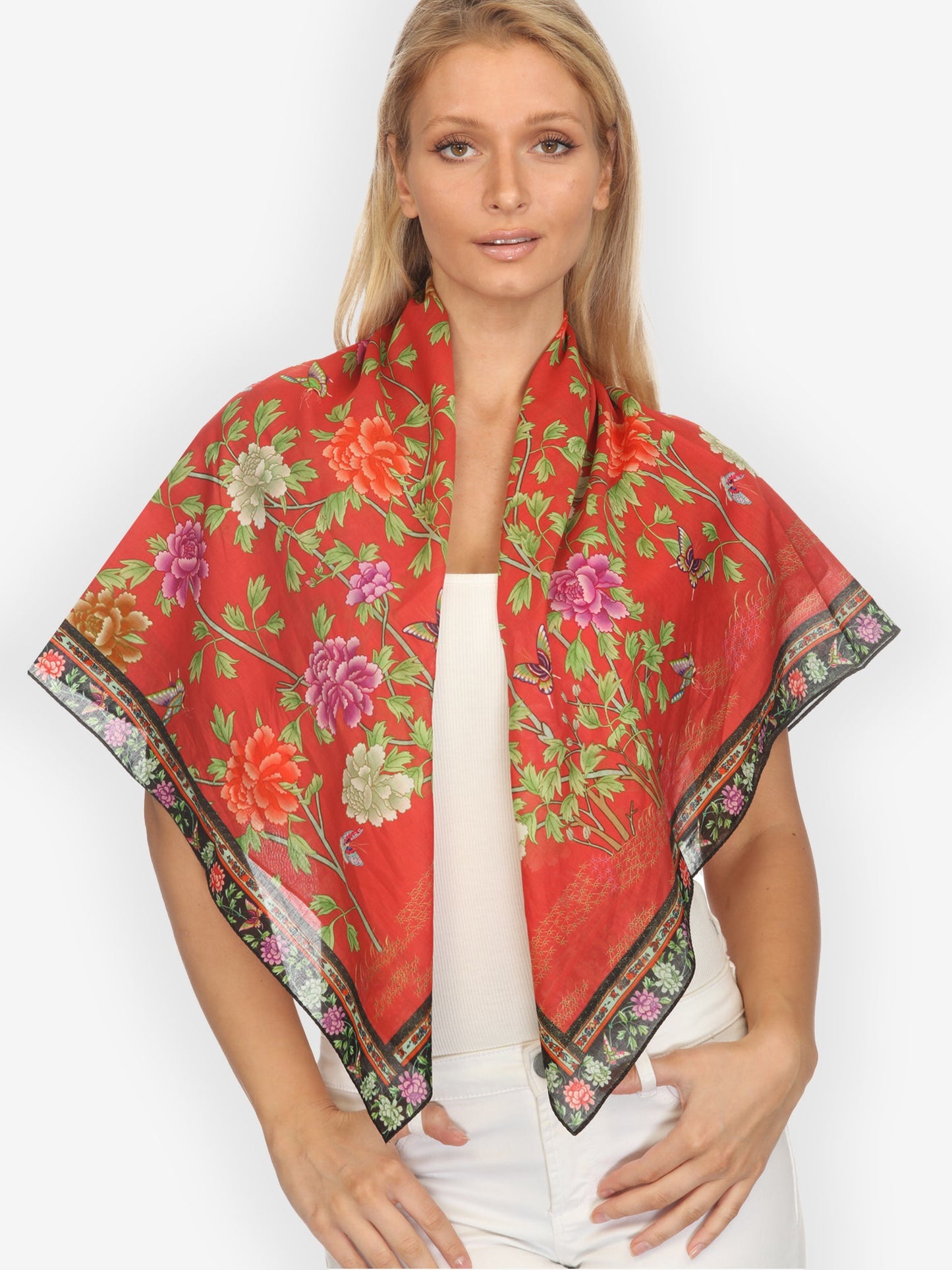 Silk Scarf Border Floral Butterfly in Red Scarf