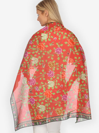Silk Scarf Border Floral Butterfly in Red Scarf