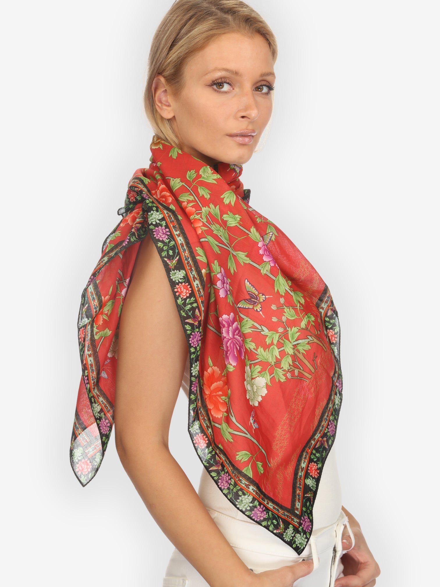Silk Scarf Border Floral Butterfly in Red Scarf