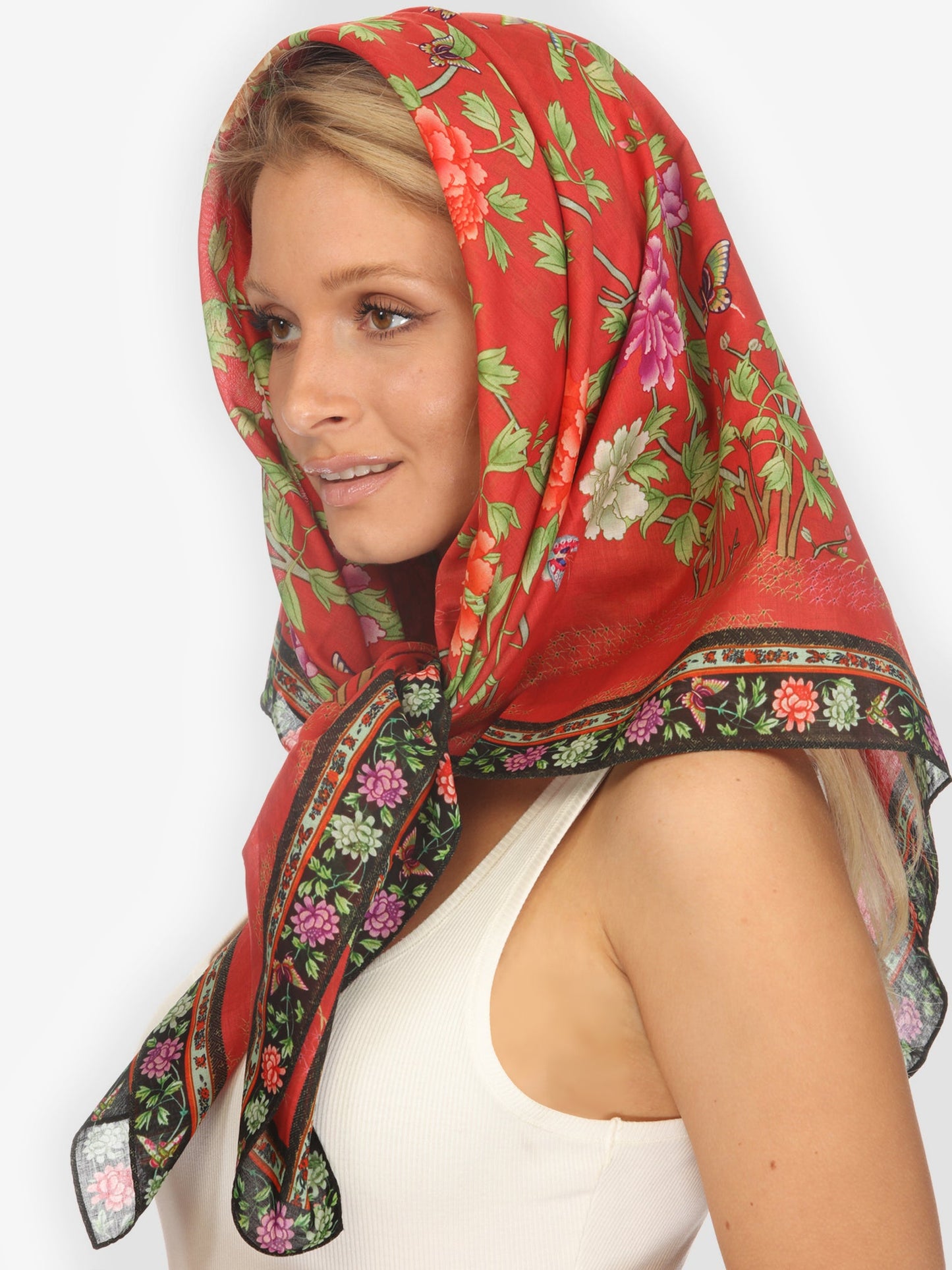 Silk Scarf Border Floral Butterfly in Red Scarf