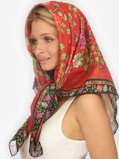 Silk Scarf Border Floral Butterfly in Red Scarf