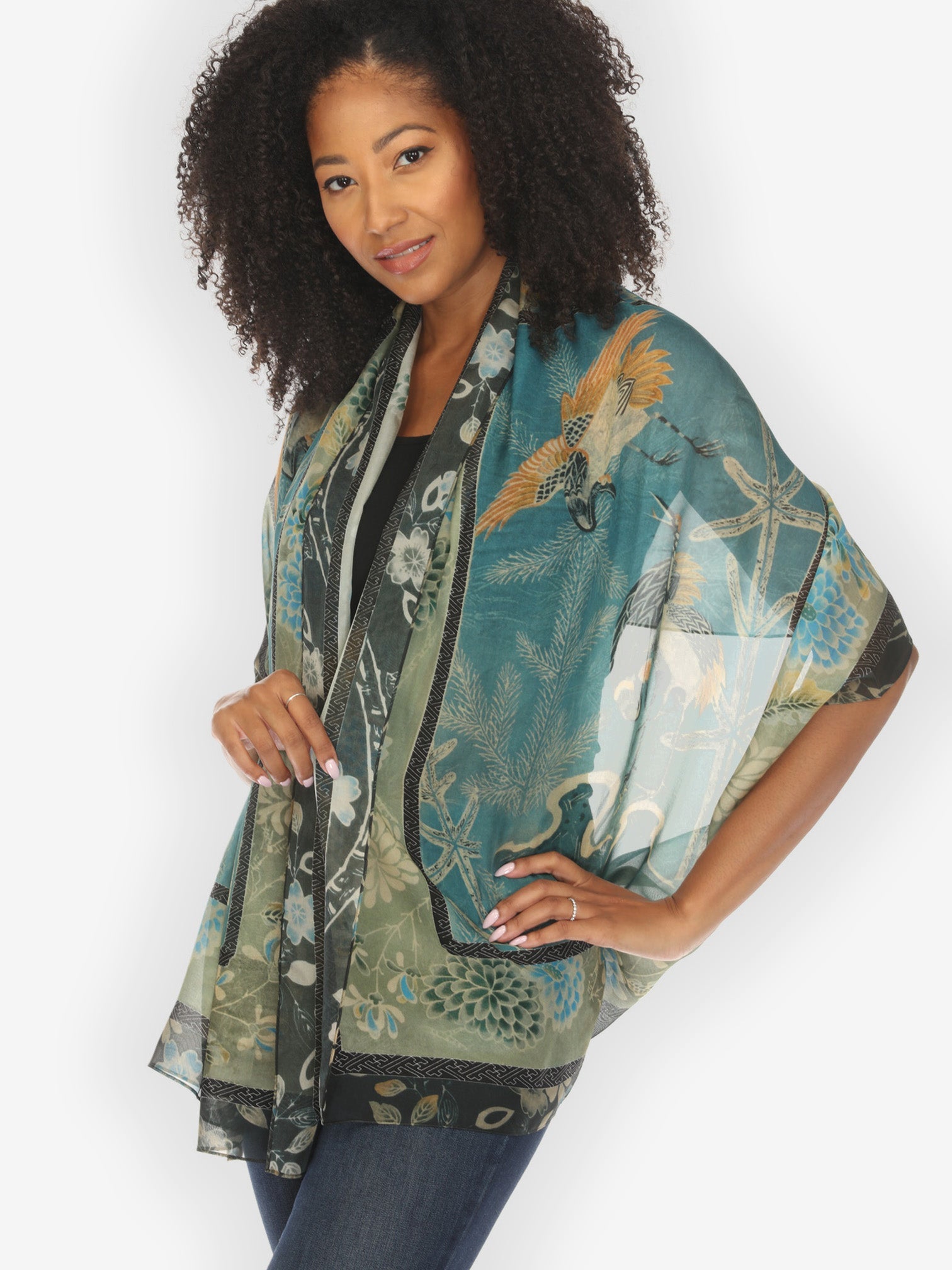 Scarf Crane Bamboo Floral Silk Scarf