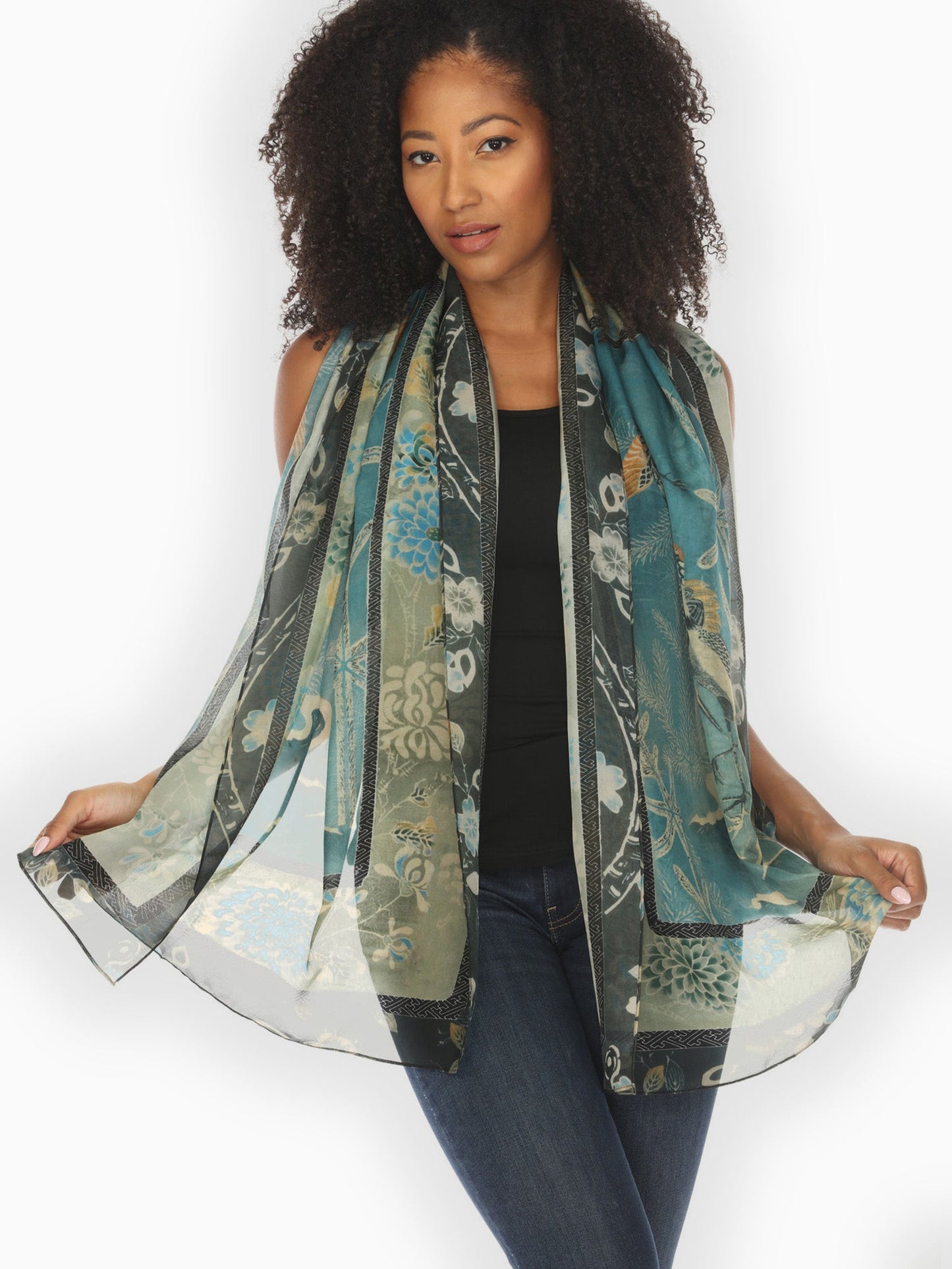 Scarf Crane Bamboo Floral Silk Scarf