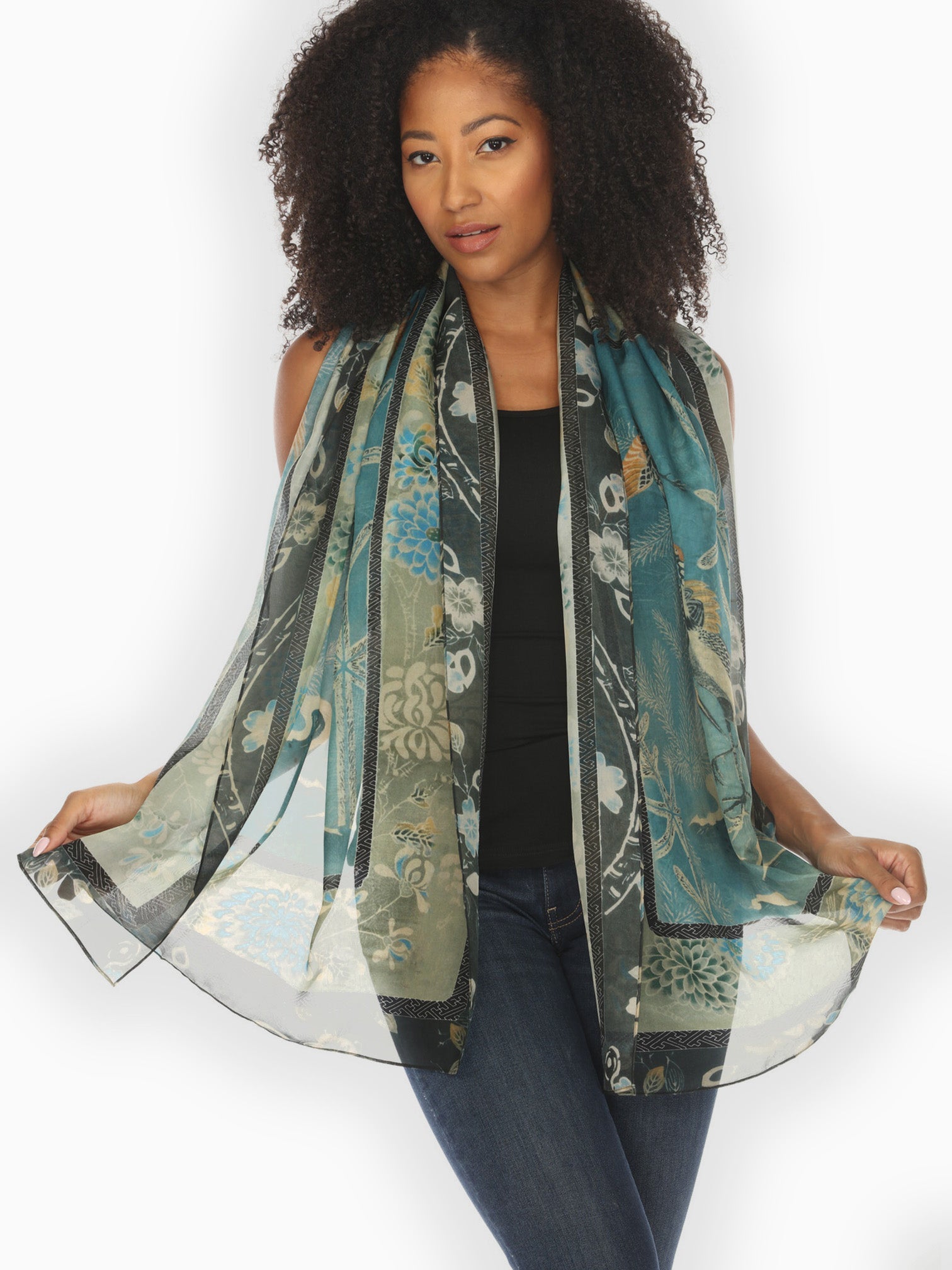 Scarf Crane Bamboo Floral Silk Scarf