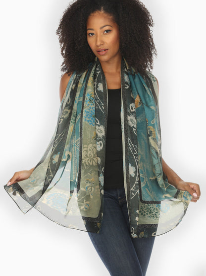 Scarf Crane Bamboo Floral Silk Scarf