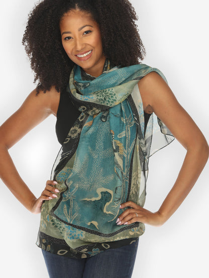Scarf Crane Bamboo Floral Silk Scarf