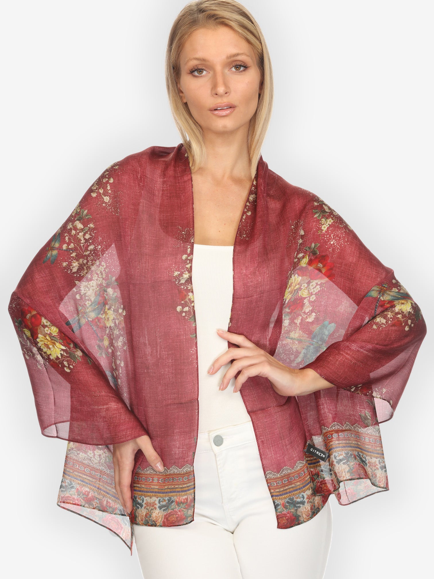 Silk Scarf Dragonfly and Waterlilies in Red Scarf
