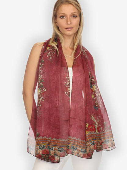 Silk Scarf Dragonfly and Waterlilies in Red Scarf