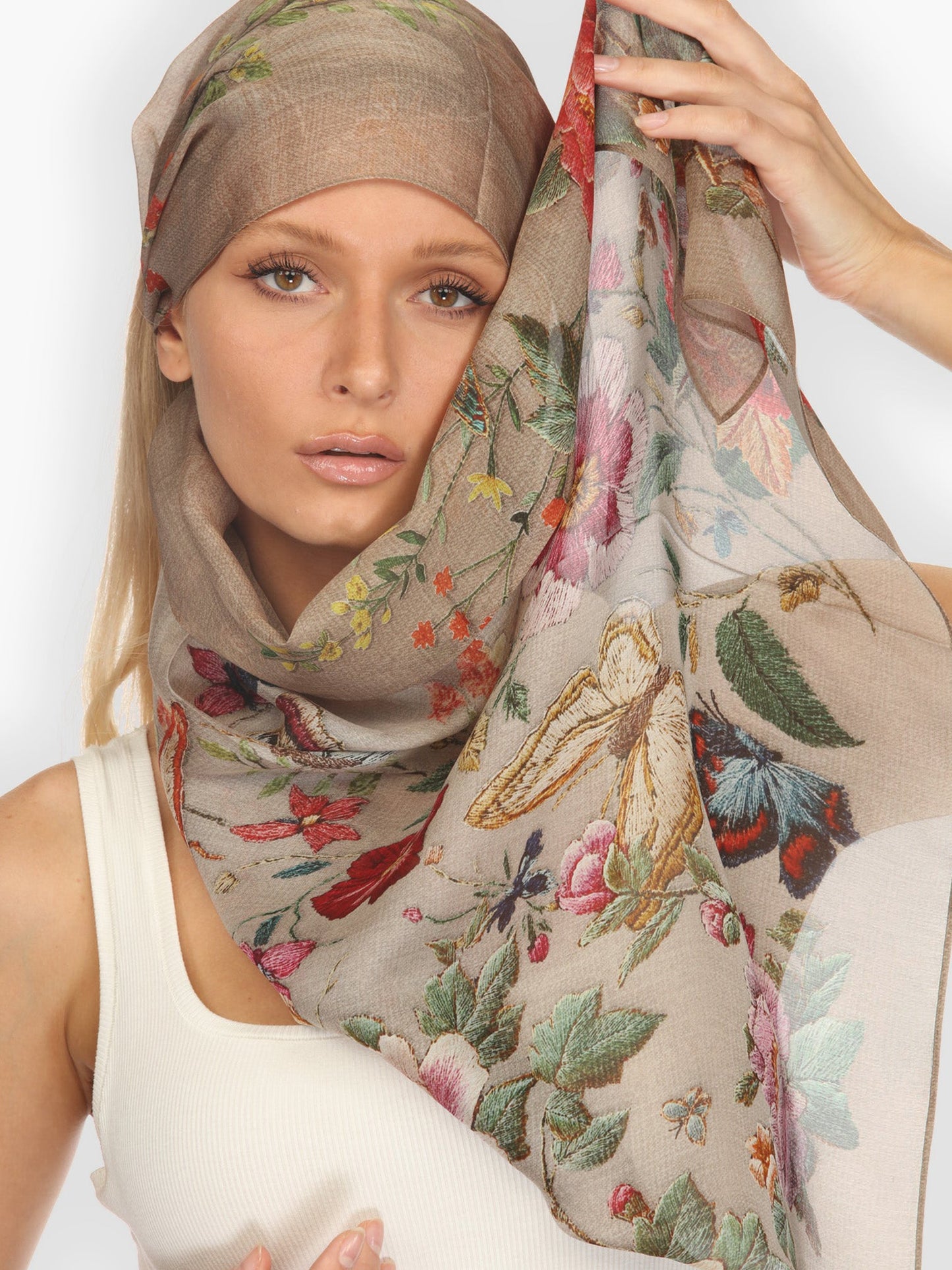 Silk Scarf Embroidery Butterflies and Flowers Scarf
